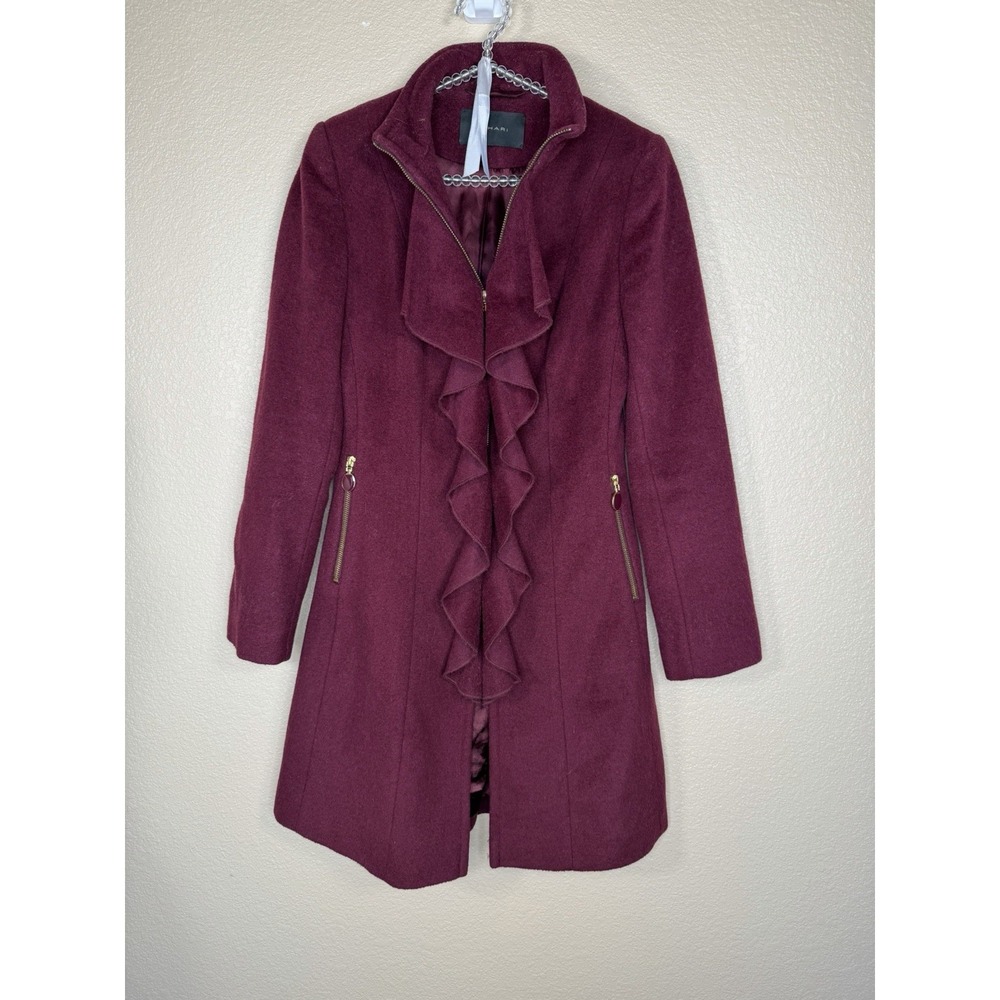 Tahari Women's Wool Blend Sz 2 Burgundy Ruffled Front‎ Winter Jacket With